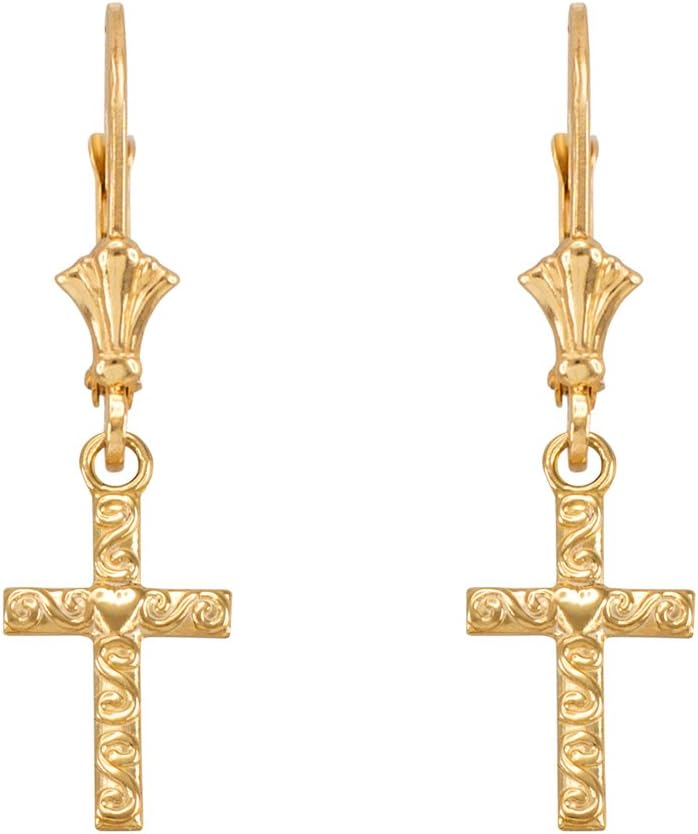 10k Yellow Gold Twirl Heart Cross Lever back Earrings
