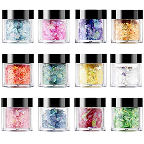 Vcedas Holographic Mermaid Nail Sequins Chunky Glitter 12 Colors Nail Art Iridescent Flakes for DIY Nail Decoration (10 ML Box)