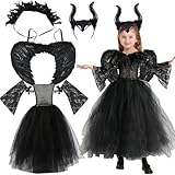 Disfraz Maléfica para Niñas, Disfraz de Malefica para Niña de Halloween, Vestido de Reina Malvada con Tocado de Charreteras Cuernos de Capa de Alas Negras para Halloween Carnaval Cosplay Fiesta Traje