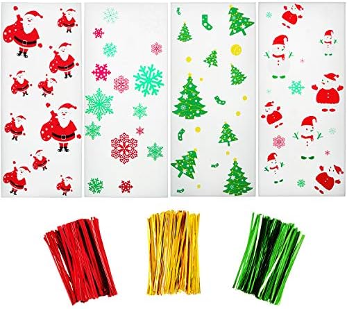 200 Pieces Christmas Cellophane Bags with Snowflake Snowman Santa Claus Christmas Trees Patterns for Christmas Party Supplies (Style 1)