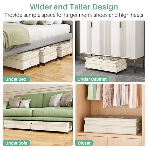 Image of Kitstorack 2Pack Height-adjustable Under Bed Storage with Wheels, Under Bed Storage Containers,Under Bed Shoe Storage Organizer with Clear Window&Label, Suitable for Clothes Storage, Beige