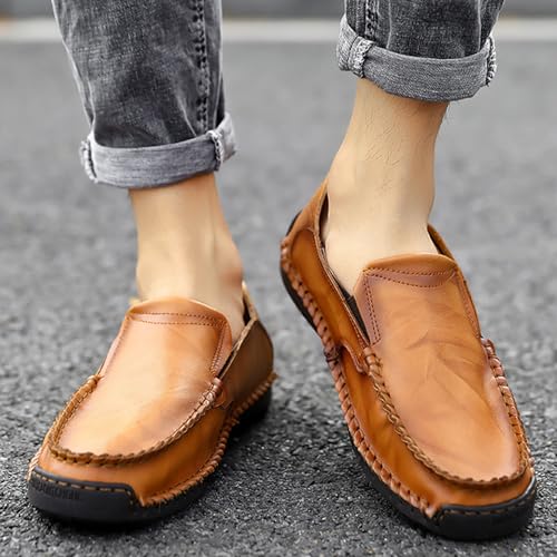 Men's Comfortable Flat Slip-On Penny Loafers Soft Leather Classic Hand-Stitched Casual Walking Shoes Non-Slip Platform Driving Loafers4