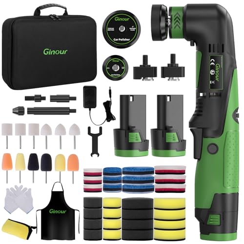 Ginour Cordless Car Polisher 12V2Ah Batteried Car Buffer Polisher Machine 6 Speed 2800~5000OPM Mini Polisher Rotary & Dual Action Car Polisher for Car Motorcycle Detailing Backing Plates 2/1.2