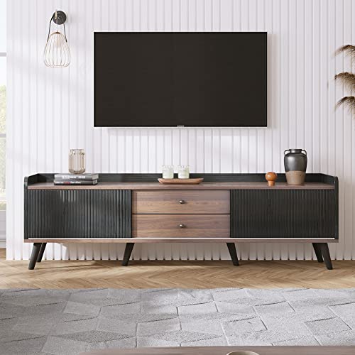 Meuble TV Bas 160cm Longueur Design Noir et Bois avec 2 Tiroirs et 2 Portes Coulissantes, Table TV Moderne Rangement Élégant pour Salon