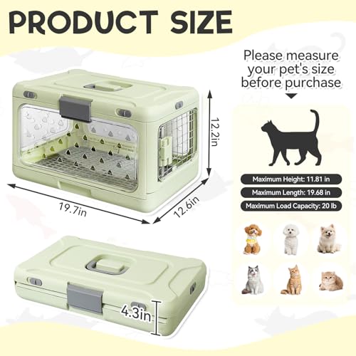 Velupet Zoom Hard Cat Carrier,Dog Crate for Small Dogs,Cat Kennel Clear,Foldable Dog Kennel with Urine Pad Mesh Grid,Ventilation & Hard Plastic Protection Transparent Pet Carrier 20\" L,Green