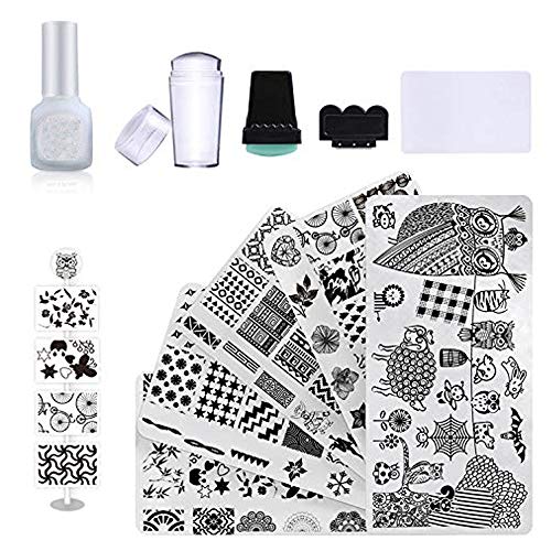 Nagelkunst-Stempelschablonen, Maniküre-Werkzeug-Set, 5 Stück, Nagelstempelplatten, 2 Stempel, 2 Schaber, 1 Latex…