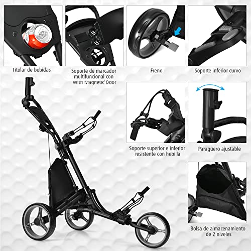 COSTWAY-Carro-de-Golf-de-Empuje-con-3-Ruedas-Carrito-de-Golf-Plegable-con-Bolsa-Recubierta-en-Aluminio-Tira-elastica-Paraguas-Regulable-y-Portavaso-Marcador-y-Freno-de-Pedal