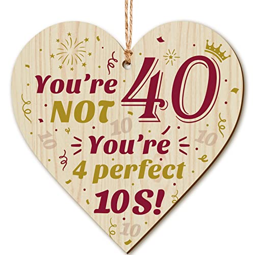 40. Geburtstag Schild 40. Geburtstag Geschenke 40. Geburtstag Holz Herz Plakette Hängendes Holz Herz Schild mit Organza Tasche für Frauen Mann Party Heim Dekoration, 4 x 4 Zoll Cover