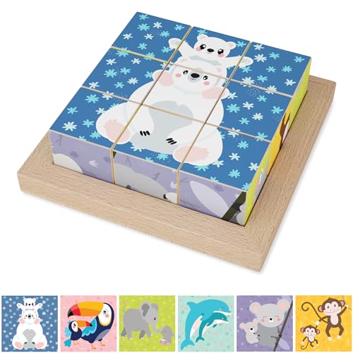 Merle Toys® 6in1 Animal Wooden Jigsaw for 2 Year Olds, 100% Beechwood, Block Puzzle for Ages 3+