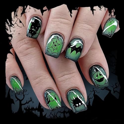 Halloween Green Press on Nails | Short Square Fake Nail with Ghost Pumpkin Spider Bat Designs,Full Cover Glossy Acrylic Nails,Reusable Stick on Nails for Women Halloween Nail Art 24Pcs