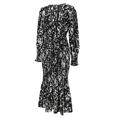 Robe longue col en V impression tendance mode avec ceinture M