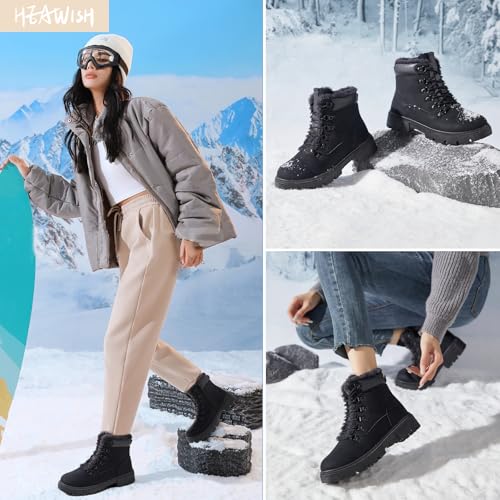 HEAWISH Women Winter Snow Boots with Fur Lined,Black Low heels Combat Ankle Boots,Non Slip Leather Ankle Boots for Women(Black,US9) by HEAWISH - Used condition - Image 2