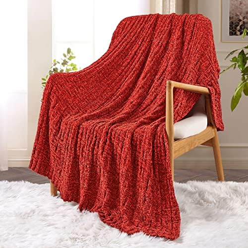 Milvowoc Fluffy Chenille Knitted Throw Blanket 50 x 60 Inch Impressive Texture Rust Chenille Knit Blanket for Bed Sofa Couch Chair and Living Room