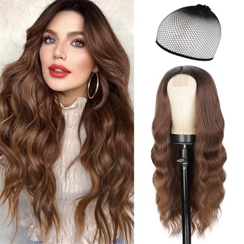 ZXTGBQ 68cm Parrucca Lunga Riccia Marrone Sintetici Naturali Capelli Parrucca per Uso Quotidiano e per Feste (Marrone)