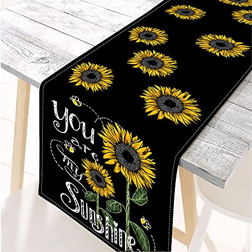Pinata Sunflower Table Runner Fall Tablecloth 72 Inches Long x 13 Burlap Linen, Black Floral Flower Bee Farmhouse Summer Decorations for Home Kitchen Decor Accessories Dining Room Party Cloth Placemat