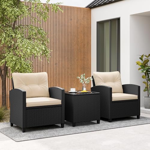 Image of Tangkula 3 Piece Patio Furniture Set, Rattan Conversation Set w /Soft Seat & Back Cushions, Tempered Glass Topped Coffee Table, Cushioned Wicker Seating Set for Backyard, Porch, Poolside (Beige)