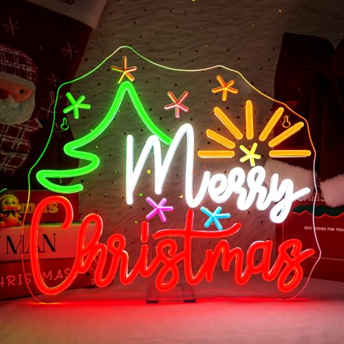 Image of Merry Christmas Tree Neon Sign Dimmable With Christmas Tree and Sun Star Neon Signs Vibrant LED Neon Glowing Sign for Wall Decor Window Man Cave Bedroom Wedding Bar Party Gift New Year