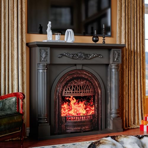 Image of 45 Inch Electric Fireplace with Mantel, Solid Wood Fireplace TV Stand, Roman Column Fireplace Entertainment Center, Electric Fireplace Heater with Bronze Birdcage Insert for Living Room, Black