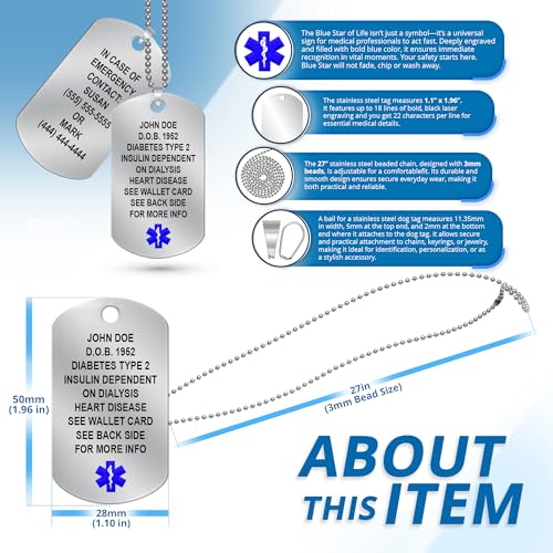Medical Alert Necklace for Men – Customizable Laser Engraved ID Dog Tag with 18 Lines, Stainless Steel Emergency Medical Jewelry, 27” Beaded Chain with Medical Card & Personal Health Record Access