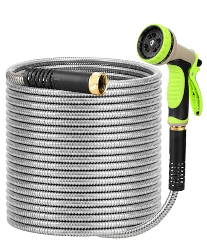 UNCO- Stainless Steel Metal Hose with 10 Functions Spray Nozzle 75 ft No Kink Metal Garden Hose