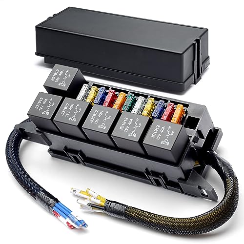 TERRIFI 11 Way Fuse Relay Box Block 12V Pre-Wired, Automotive Universal Fuse Block with Relay Panel, 11 Slot Fuse Box and 6 Slot 4 Pin Relay Panel - for Vehicles, Cars, Marine, Boats