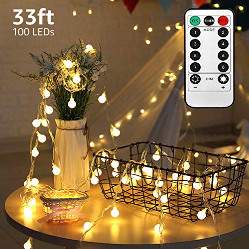LED String Lights,33ft 100 Led Waterproof Ball Lights, Battery Powered Starry Fairy Globe String Lights with Remote Timer for Bedroom, Garden, Christmas Tree, Wedding, Party (Warm Light)