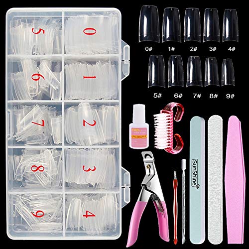 500 piezas de uñas postizas naturales, uñas postizas, estilo acrílico francés, uñas artificiales artificiales con cortador de uñas, lima y pegamento para mujeres y niñas (B) Cover