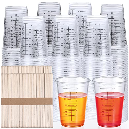 300 Pack 8 Oz Disposable Measuring Cups Clear Plastic Measuring Cups With 300 Wooden Mixing Sticks Resin Mixing Cup Liquid Measuring Cups For Epoxy Resin Stain Paint Mixing Cooking And Baking Supplies #TOP25