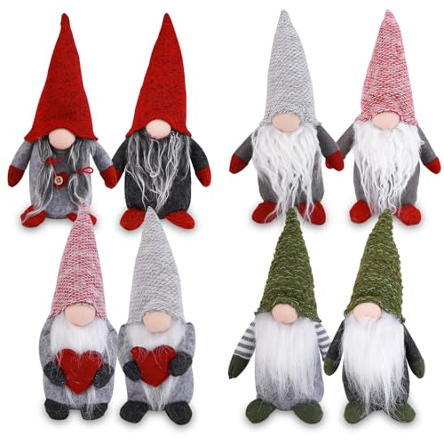 Anstore Xmas Gonks, 8pcs Christmas Gonks Gnomes - 20cm/7,8inch Christmas Figurine and Santas Grotto Decorations Gnome Handmade Gonks Figures Plush Doll for Xmas Table Decorations-Red Green Gray