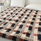 PAJEO Full Mattress Pad 54 x 75 inches, Warm Thicken Velvet Mattress Protector Breathable and Comfortable with 4 Elastic Band, Deep Pocket Stretchable up to 15 inches Washable, Gray-Brown Grid
