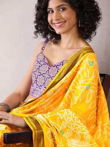 Image of SAREE MALL Women's Cotton Bandhani Printed Ready To Wear one Minute Saree With Unstitched Blouse