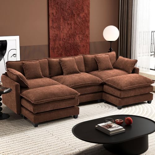 Image of Ihanherry 111.4 inch U Shaped Modern Sofa Modular Sectional Luxurious and Comfortable with 2 Ottoman, 5-Seat Chenille Deep Seat Sofa with Pillow for Living Room, Bedroom and Apartment, Brick Red