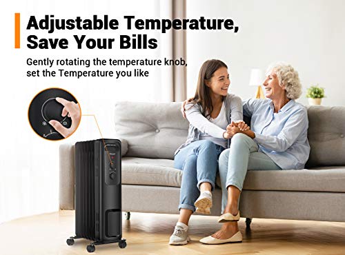 Space heater, Aikoper 1500W Oil Filled Radiator Heater with 3 Heat Settings, Adjustable Thermostat, Quiet Portable Heater with Tip-over & Overheating Functions for Home, Office, Black