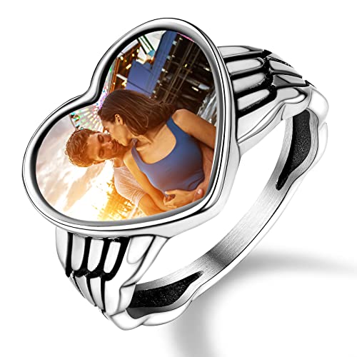 Custom4U Personalized Photo Rings for Women - Custom Made Dainty Heart-Shaped/Claddagh Ring with Picture Inside - 925 Sterling Silver/Stainless Steel Engraved Memory Jewelry A-Heart-Stainles