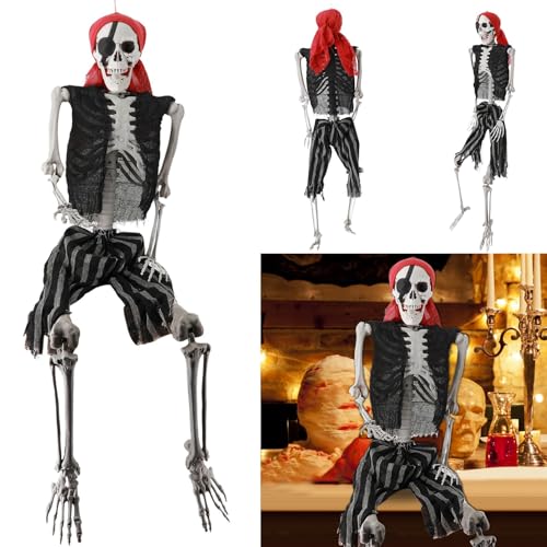 Washranp Scheletro da 165 cm per Halloween, scheletro pirata a grandezza naturale, con giunti mobili, per Halloween, esterni, interni, giardino, casa, patio, decorazioni