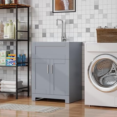 Goodyo 24 inch Laundry Sink with Cabinet Stainless Steel Utility Silver Sink Laundry Cabinet for Laundry Room, Kitchen, Bathroom, Indoor, Gray Cover