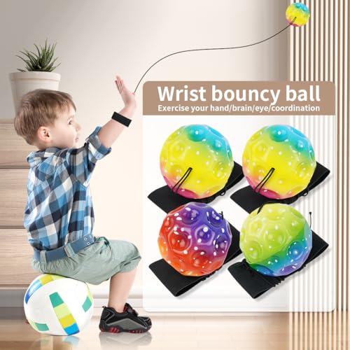 Meleager Space Ball mit Seil, Handgelenkball mit Gummiband, 4 Stück Astronomische Sprungbälle, Mehrfarbig Moon Bouncing Ball, Sportball für Spiele und Training