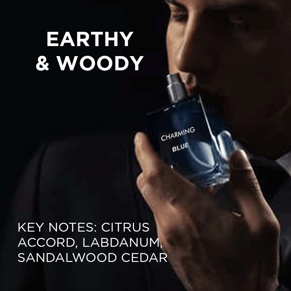 Charming Blue For Men - 3.4 Fl. Oz. 100ml Men's Perfume with NovoGlow Carrying Pouch - Refreshing Combination of Woody Floral & Fruity Scents - Masculine Scent Lasts All Day A Gift for Any Occasion