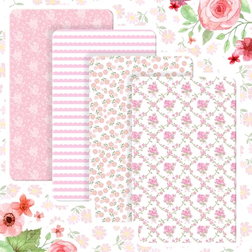 Image of Peryiter 4 Pack Crib Sheets for Baby Pink Flower Soft Baby Bed Sheet Set 52'' x 28 inch Nursery Crib Sheets for Standard Bed Toddler Mattress Nursery Decor Boys Girls Kids