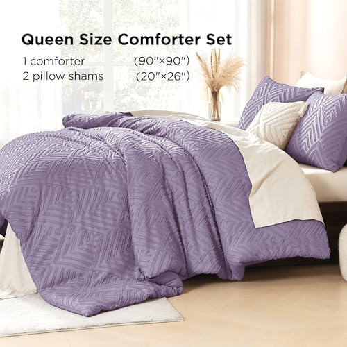 Image of Litanika Grayish Purple Queen Comforter Set, 3 Pieces Tufted Boho Farmhouse Bedding Comforter Sets, Lightweight Fluffy Comforter Bed Set for All Season (90x90In Comforter and 2 Pillowcases)