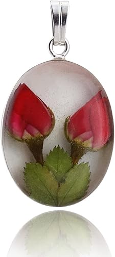 Colgante de flor de dos rosas reales - acero inoxidable - resina preservada