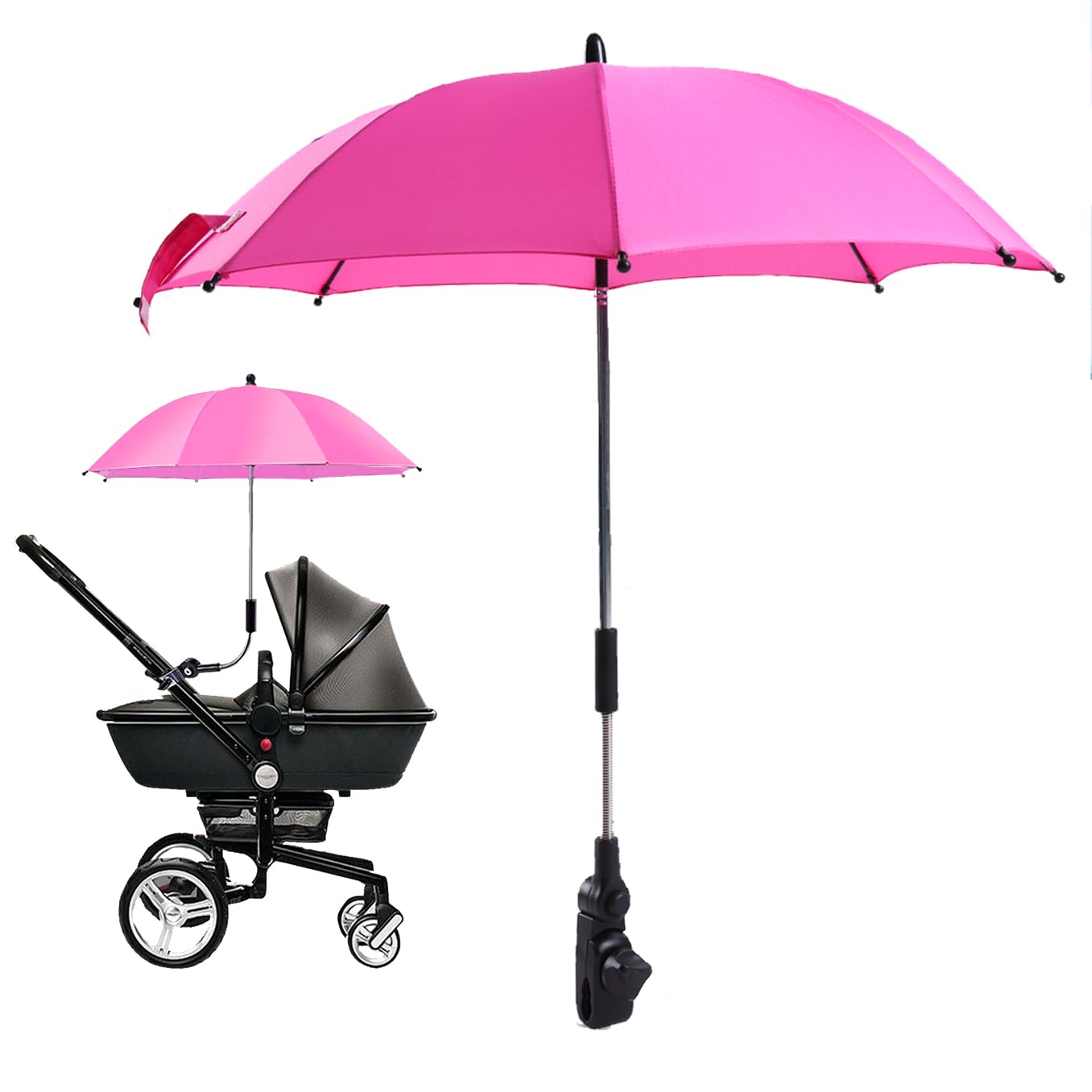 SANON Sombrilla para cochecito de bebé, con pinza universal ajustable, paraguas con abrazadera, sombrilla universal para cochecito, ideal para niños (rosa)