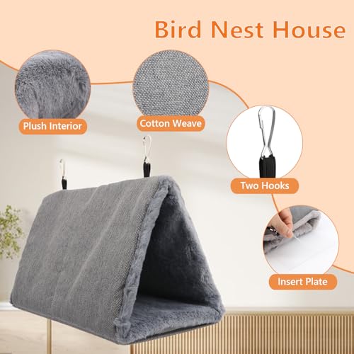 Image of Litewoo Bird Nest Bed for Parrot Warm Winter Hanging Hammock Hut, L, Grey | Soft plush cotton, sleeping hideaway for small-medium bird /parakeet /cockatiel, dual entrance, acrylic base, 11.4x7.5x7.5in