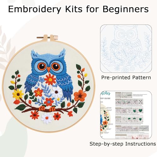 Image of Louise Maelys Owl Embroidery Kit for Beginners Cross Stitch Kit for Adults | Animal Stamped Fabric, Hoop, Threads, Needles And Instructions For Adults DIY Craft,Cross Stitch Kit for Adults