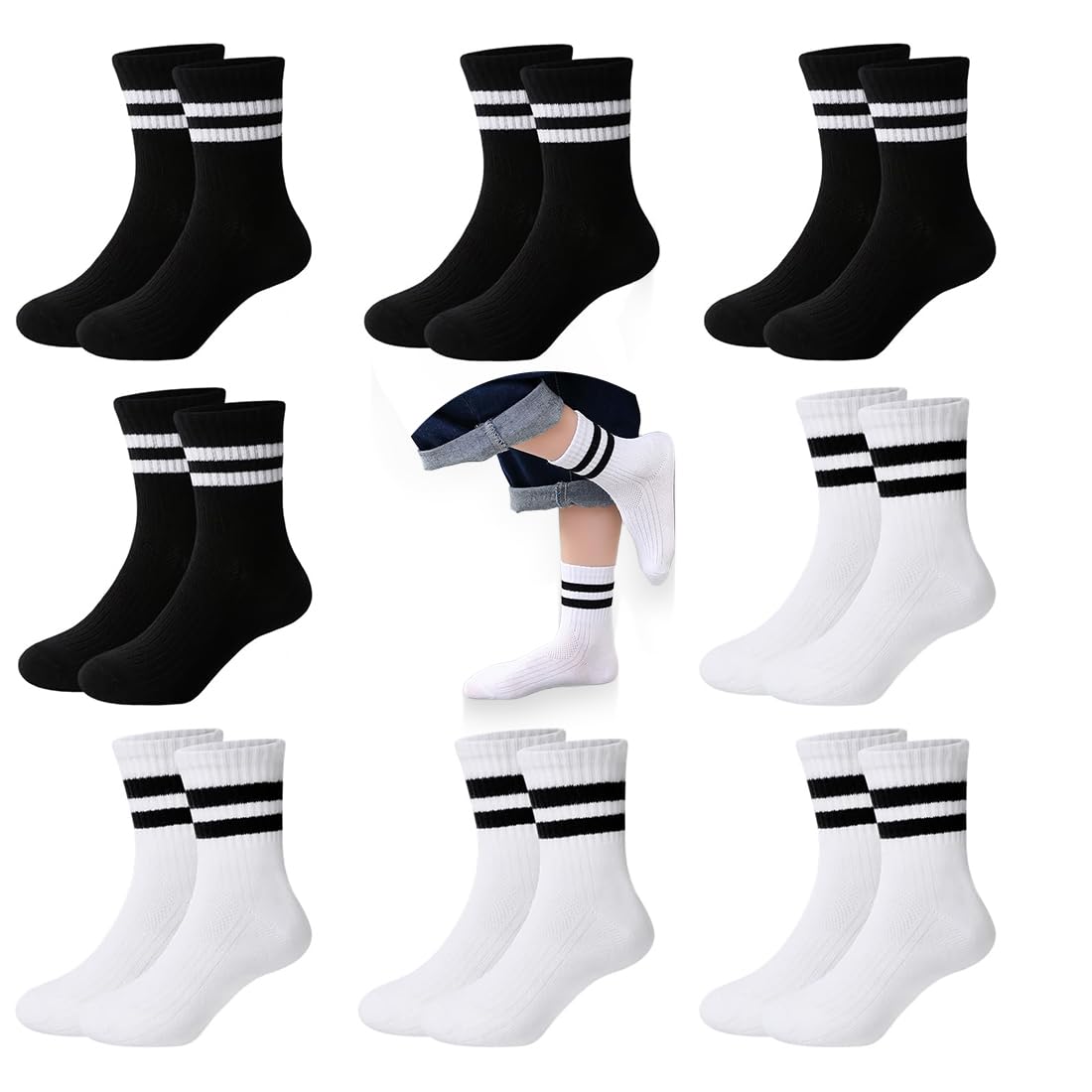 8 paia di calzini sportivi per bambini, calzini sportivi 33-36, calzini di cotone per bambini e bambine, calzini sportivi da tennis, calzini sportivi per bambini, Nero, bianco
