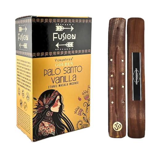Aromasenses | Caja Completa con 12 Cajetillas de Incienso Golden Fusion Palo Santo y Vainilla 15 Gramos + 1 Tablilla Aromasenses | Incienso Etnico 100% Natural | Limpiador de Energias
