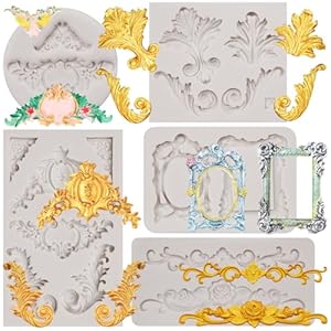 Baroque Relief Silicone Molds, Vintage Photo Frame Corner Chocolate Molds, Filigree Scroll Lace Border Fondant Baking Molds for Cake Decoration Cupcake Topper Candy Gum Paste Clay Resin Set of 5