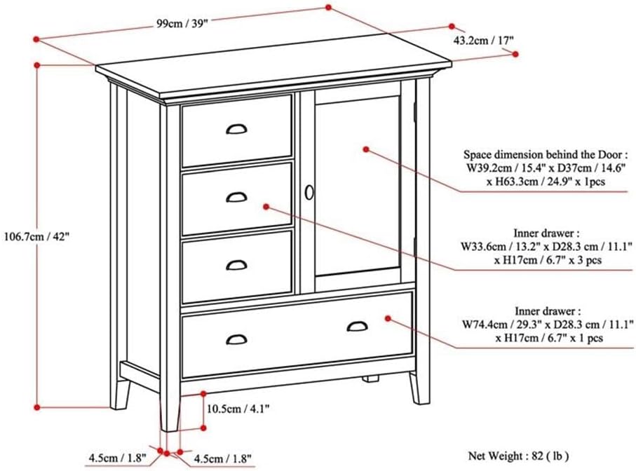 Pemberly Row Solid Wood Transitional Storage Cabinet, 39" Wide, Black Finish, 4 Drawers and Cabinet with Shelf, Antique Brass Hardware, Multipurpose Bedroom, Living Room or Entryway Chest