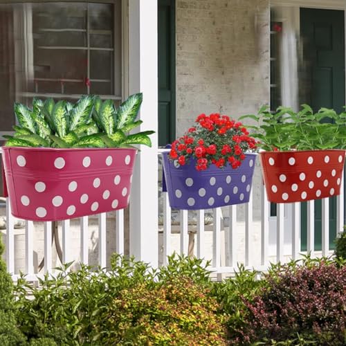 Image of 12 INCH Anti Rust Railing Oval Planter for Balcony & Garden with Detachable Handle | Hanging Flowerpot Holder | Metal Wall Planter for Indoor and Outdoor Decor (Multicolour Polka Dot, 2)