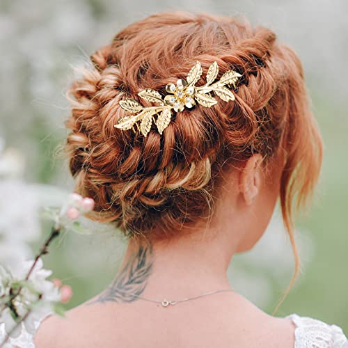 Pagow 5Pcs Leaf Hair Combs, Gold Rhinestone Pearl Hair Comb Clips, Hair Side Comb Clips, Faux Pearl Crystal Wedding Headpiece Hair Accessories For Women, Girls, Bride, Bridesmaid (5 Different Size) #TOP5